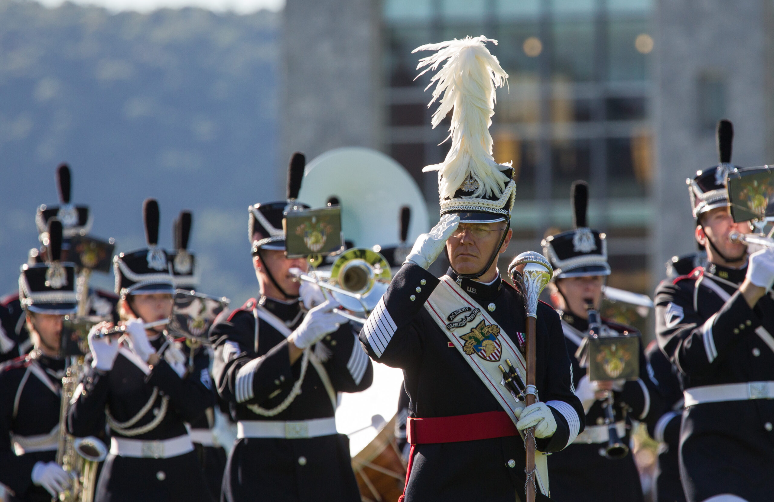 The West Point Band in formal uniform passes in review on The Plain at West Point